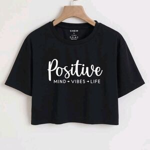 SHEIN Gray Crop T-Shirt with Positive Vibes